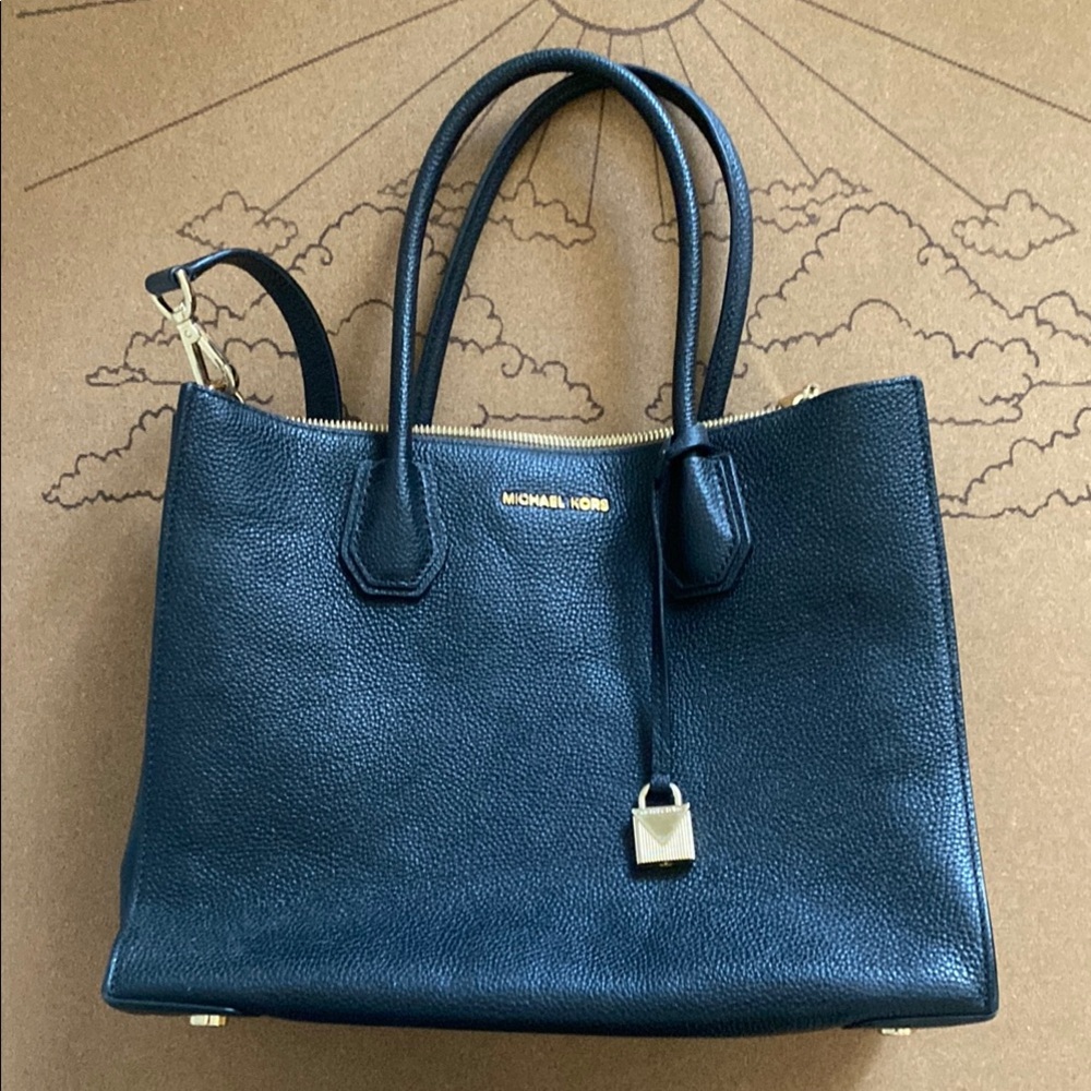 Michael Kors Black Tote Bag with Textured Leather and Silver Hardware
